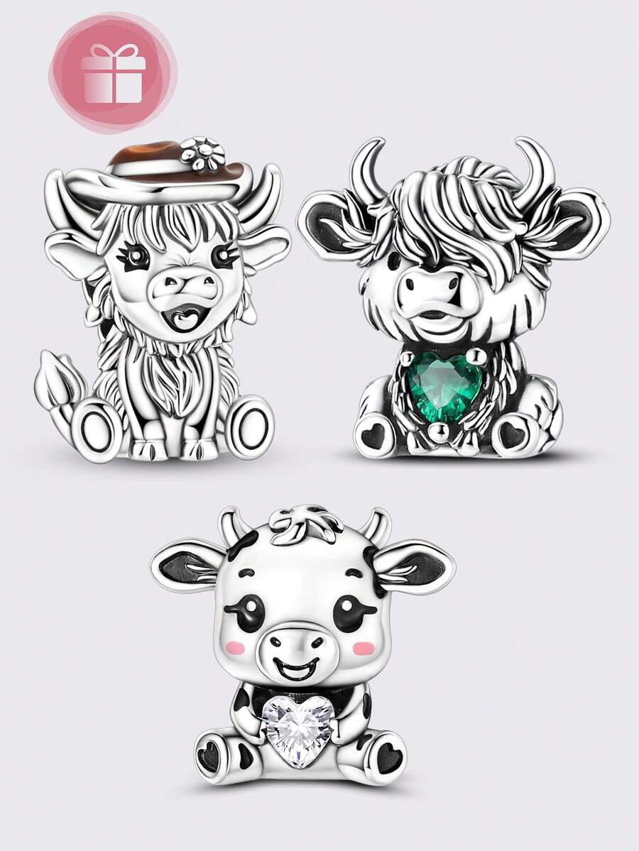 1 Pieces Original Design Silvery Color Charms Cowboy Cow & Cute Milk Cow Beads Heart Cubic Zirconia Inlay Fits Original Bracelet DIY Making - Multicolor - View 1