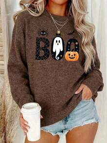 Women's "Yes I'm Cold" Printed Teddy Fleece Loose Long Sleeve Pullover - Dark Ochre - View 5