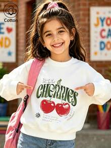 Girls' White Crew Neck Sweatshirt, Casual Top With Retro Cherry Print - White - View 1