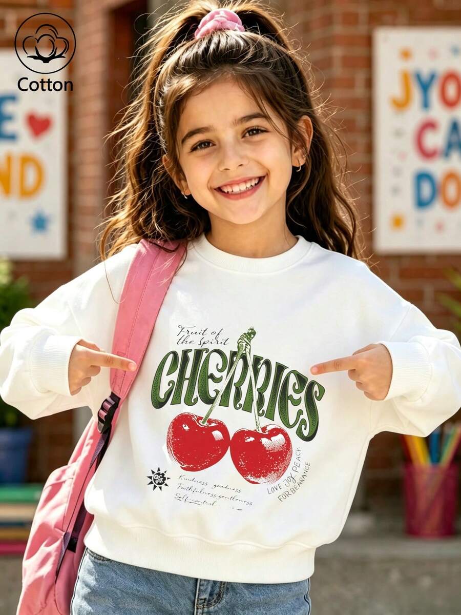 Girls' White Crew Neck Sweatshirt, Casual Top With Retro Cherry Print - White - View 1