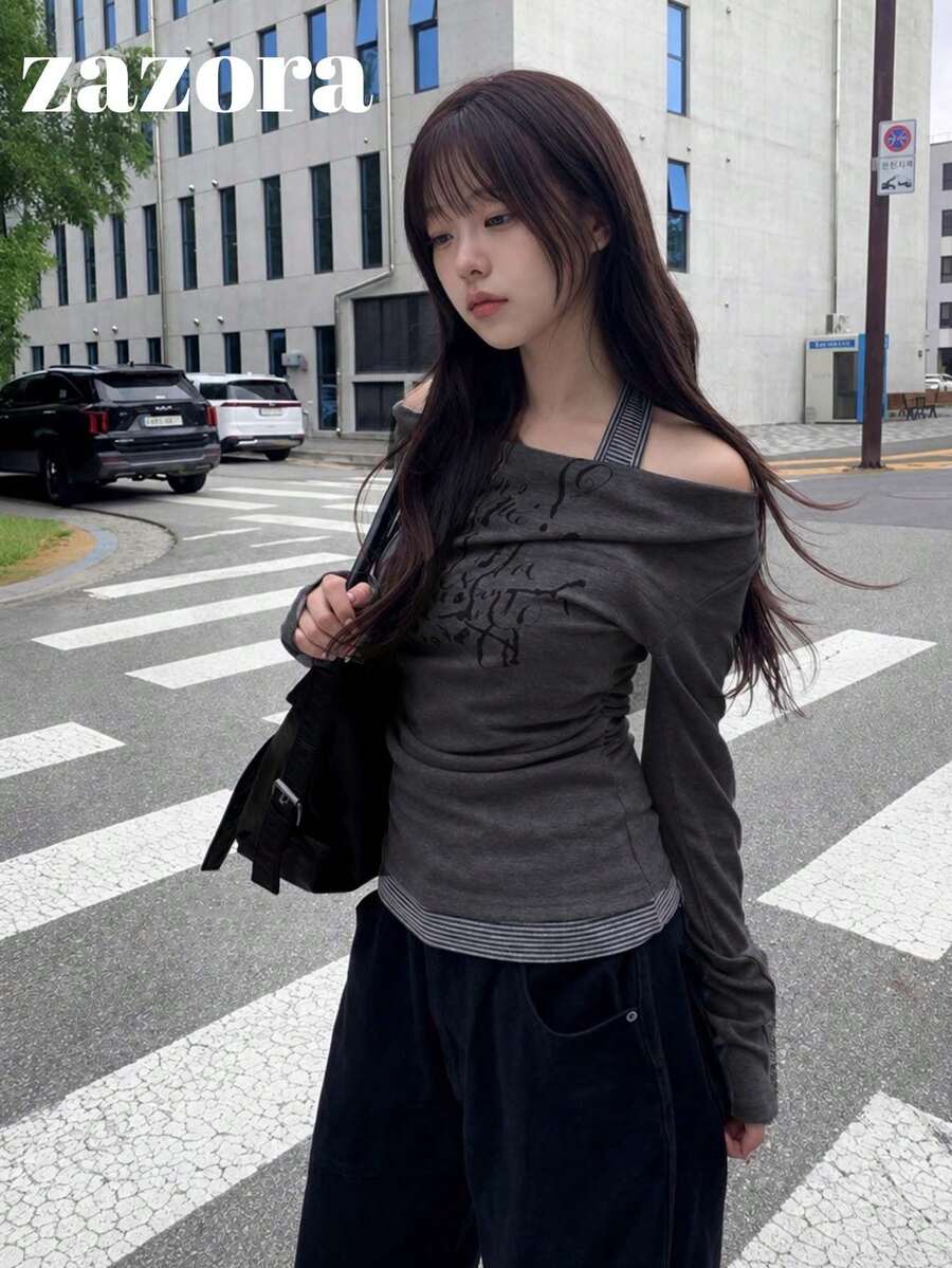 Korean Style Halter Neck Cold Shoulder Printed 2 In 1 Long Sleeve T-Shirt Top - Grey - View 1
