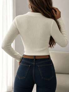 Women's Fashion Casual V-Neck Regular Shoulder Long Sleeve Heart Embroidery Pattern Premium Daily Commute Knit Top, All Seasons - White - View 2