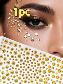 2pcs Gold Face Glitter Body Shiny 3D Rhinestone Stickers, Rave Party Makeup Accessories Rhinestone Stickers, Y2K Style Music Festival DIY Eye & Face Gems, Valentine's Day Gift - Multicolor - View 7