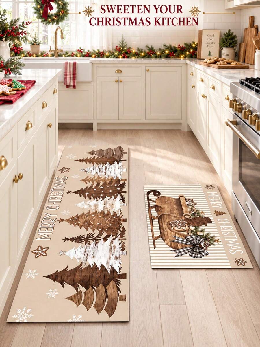 1/2pcs Christmas Vintage Diatomaceous Earth Mat, Christmas Tree Pattern, Super Absorbent, Non-Slip, Perfect For Bathroom, Kitchen And Dining Room, Quick Drying, Perfect Gift For Home Decor And Bathroom Mat, Christmas Holiday Gift! - Multicolor - View 1