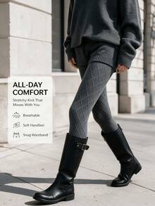 1 Pair Women's 200g Thick Knitted Rhombus Geometric Pattern High Elasticity Soft Breathable Tights, Suitable For Cold Weather, Winter Commute And Daily Wear - Light Grey - View 2
