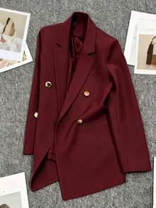 Women's Solid Color Long Sleeve Double-Breasted Blazer With Notch Lapel, Spring/Summer | Suitable For Dates, Parties, Outings And Holiday Celebrations - Burgundy - View 7