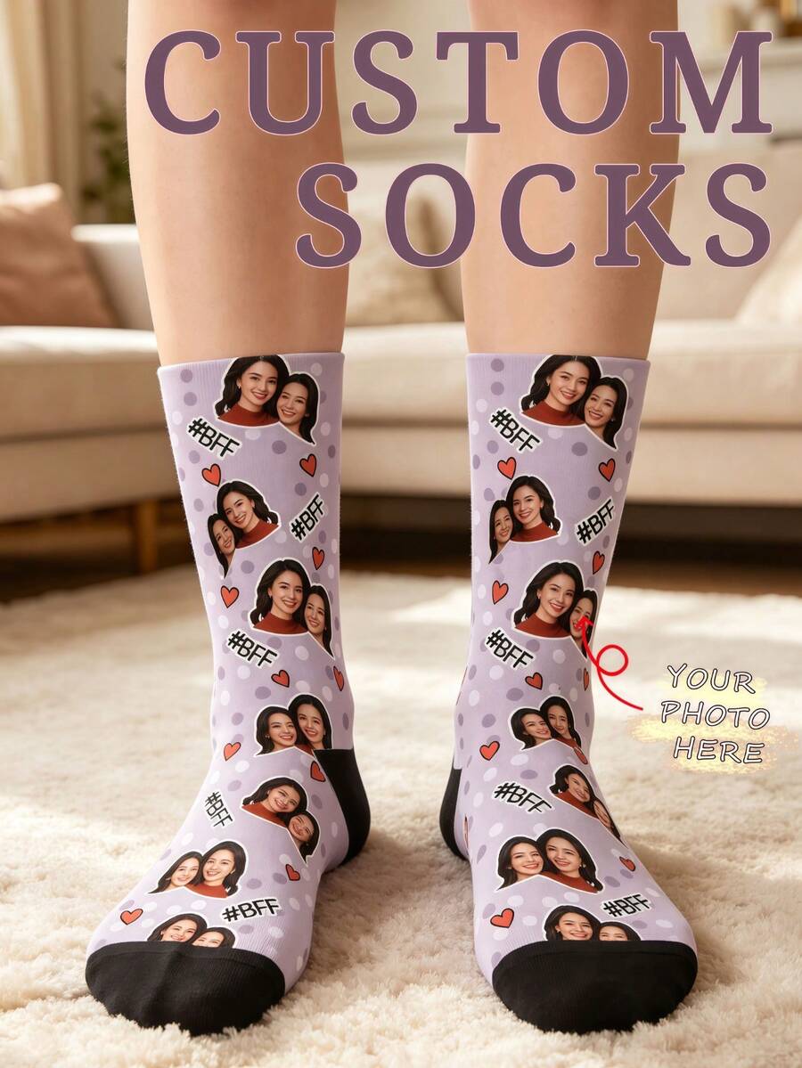 Custom BFF Heart & Polka Dot Print Crew Socks, Personalized Best Friend Photo Mid-Calf Gift Socks For Women - Mauve Purple - View 1