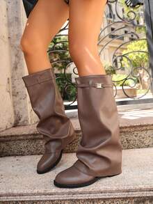 1 Pair Women's European & American Style Buckle Stacked Heel Boots, Pointed Toe Slightly Flared Shaft, Chunky Heel Slimming Versatile Riding Boots, Internet Celebrity Same Style High Tube Long Boots - Mocha Brown - View 2