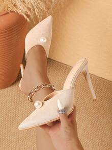 Sexy Fashionable Large Pearl Decor Pointed Toe Stiletto High Heel Mule Women's Apricot Color Pumps - Apricot - View 5