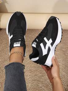 Women Casual Sneakers, Lace Up Closure, Layered Panel Design - Black - View 2