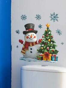 1pc Christmas Snowman Wall Sticker, Cute Snowman With Christmas Tree, Gift Box And Snowflake Wall Decal, Removable Self-Adhesive Christmas Mural For Bathroom, Door, Window, Home Holiday Decoration - B - View 8