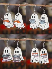 Whimsical Halloween Cute Bookworm Ghost Pendant Earrings, Vintage Wooden Gothic Party Double-Sided Ear Accessories, Bookworm Theme, Spooky Semester Jewelry, Gift For Women, Book Lovers, Party Enthusiasts And Halloween Fans, Library Gothic Style Accessory - Multicolor - View 9