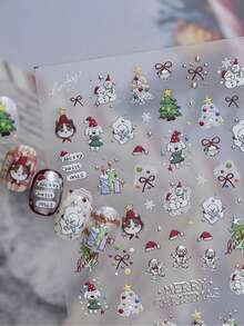 1 Sheet Christmas Nail Art Stickers, Cute Santa Hat Cat Dog Snowman Xmas Tree Designs, Winter Holiday Manicure DIY Decals Decoration - Multicolor - View 7