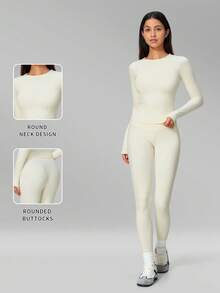 MFVIM 女款秋冬新款純色長袖上衣 + 長褲 2件式瑜伽運動皮拉提斯套裝 - 奶油白 - 查看 3
