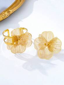 2件組優雅高端金屬金色拉絲鏤空蝴蝶花朵吊墜手鍊與戒指套組，適合女性日常、派對、假日穿戴 - 金黃色 - 查看 5
