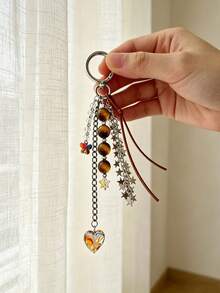 Vintage Y2k Bag Charm Keychain, Tortoiseshell Flower Heart Star Butterfly Tassel Retro Brown Bag Pendant,Backpack Car Key Accessory Decor Gift - Multicolor - View 10