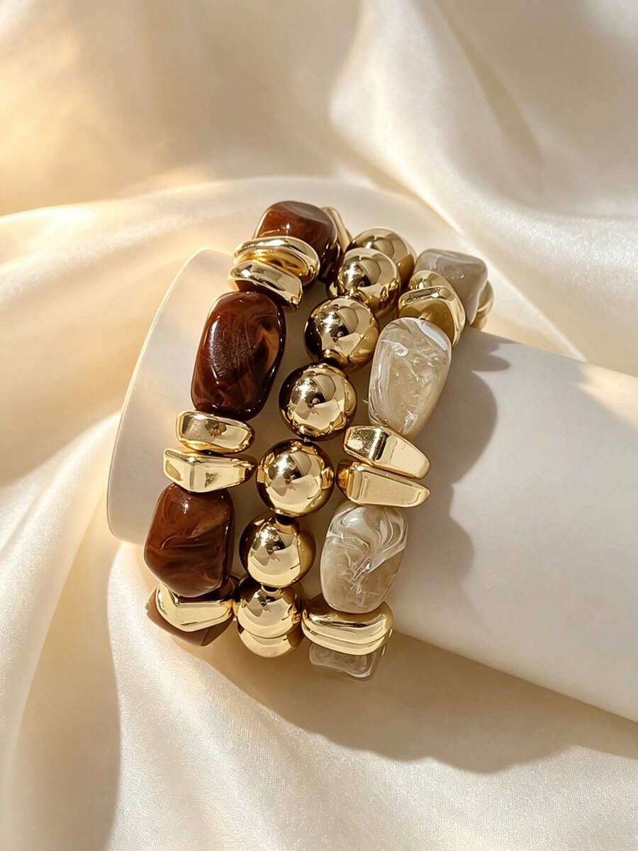 3pcs/Set Fashionable Retro Thick Multi-Color Asymmetrical Acrylic Beaded Bracelet Set, Suitable For Women, Daily Wear, Gift For Friends And Family - Multicolor - View 1