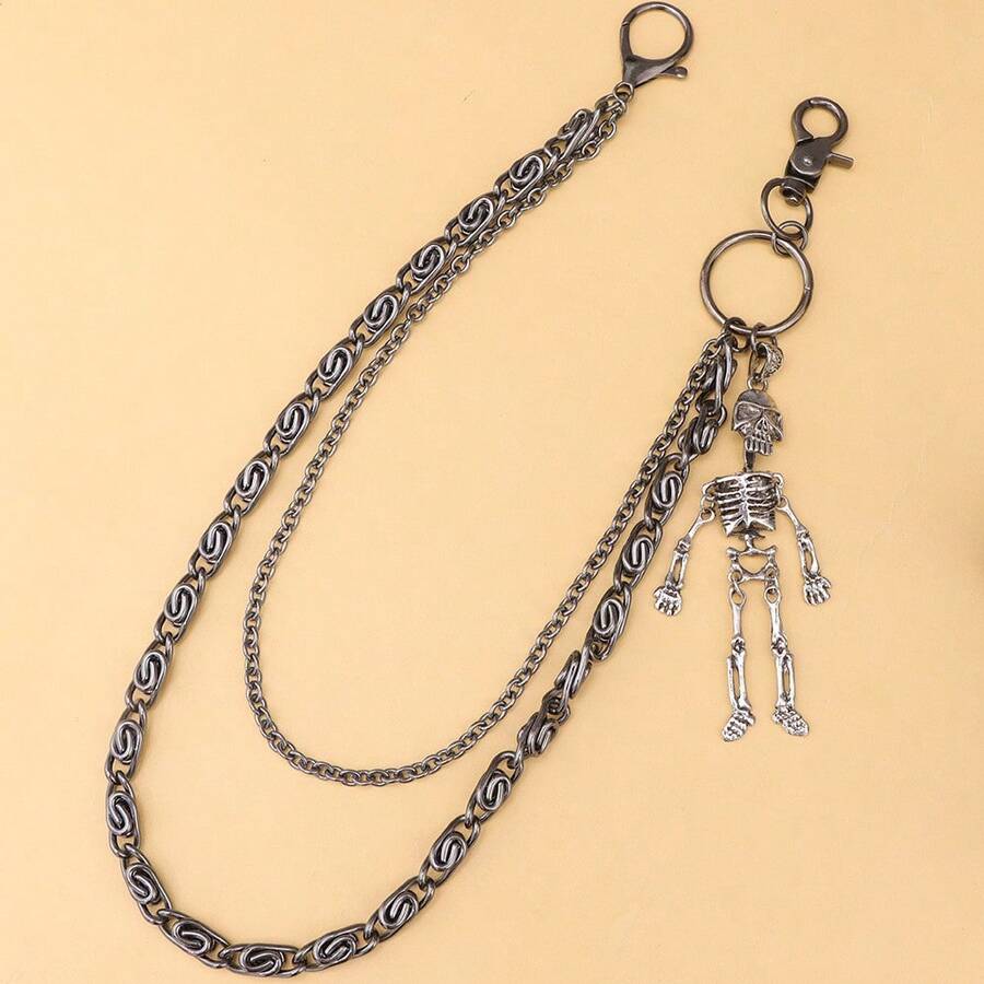 European And American Fashion Gun Black Double-Layer Personalized Chain Skeleton Pendant Punk Hip-Hop Metal Pants Chain - Silver - View 1