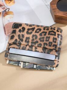 1pc New Leopard Print Ultra-Thin Card Holder, Multi-Slot Minimalist Card Wallet, Portable PU Leather ID Credit Card Pouch - Brown - View 4