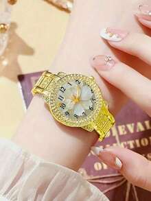 Gold-Tone Full Rhinestone Floral Dial Women's Quartz Watch Set, Rhinestone Bracelet, Necklace, Ring, Stud Earrings Fashion Jewelry Set, Suitable For Daily Commute, Party, Evening Wear, Valentine's Day, Mother's Day, Birthday Gift - Gold - View 6