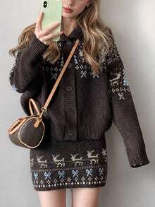 Women's Sweater Cardigan Jacket And Skirt Set, Fair Isle Deer Pattern Winter Outfit - Coffee Brown - View 3