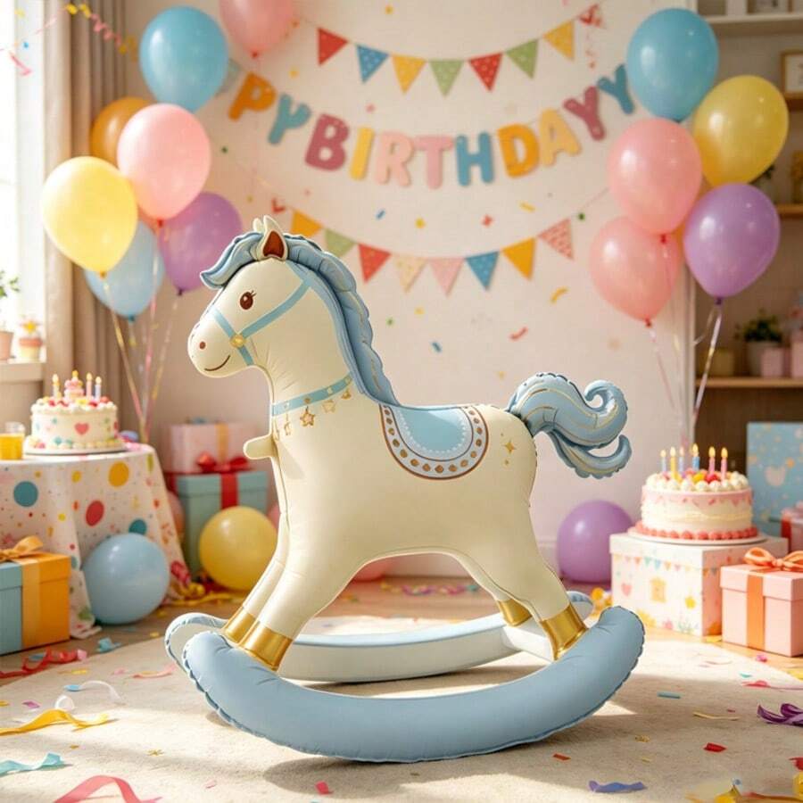 1pc Standing 3D Rocking Horse Aluminum Foil Balloon, Indoor Tabletop Party Decoration Display Ornament Birthday Party Atmosphere Background Room Decor - Blue Rocking Horse - View 1