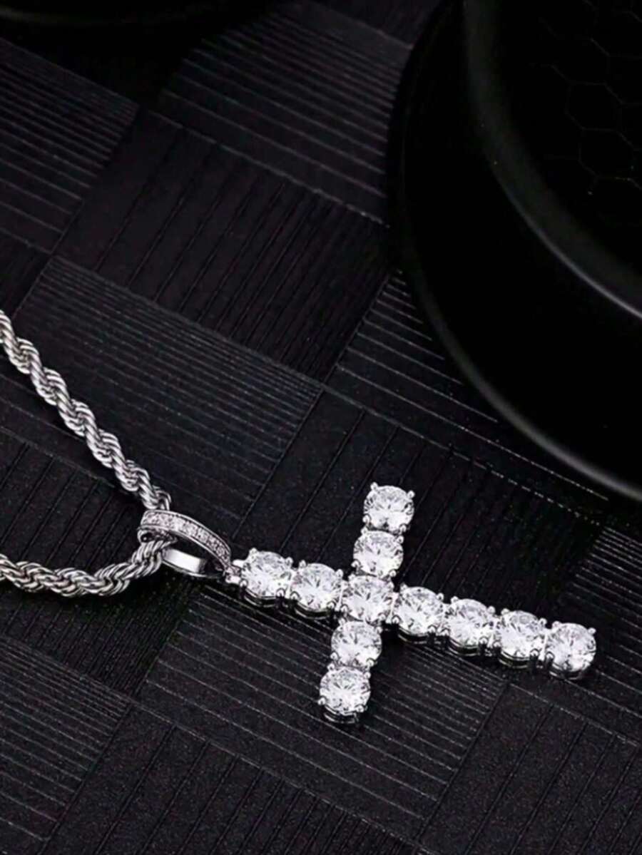 1pc Men's Stainless Steel Cross Pendant Necklace With Twist Chain, Hip Hop Rap Rock Style, Rhinestone Fashion Jewelry - Multicolor - View 1