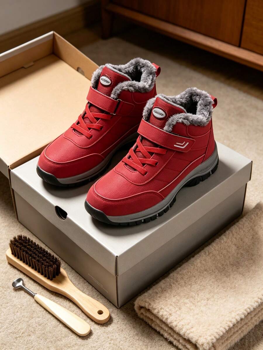 Sepatu Bot Salju Pria, Lapisan Bulu Domba, Hangat dan Nyaman, Sol Anti Selip, Desain Ujung Bulat, Cocok untuk Berkemah di Luar Ruangan dan Pakaian Kasual - Alas Kaki Musim Dingin - Merah - View 1