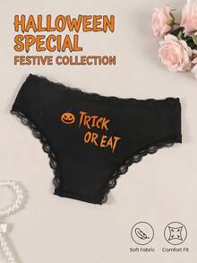 Women's Halloween Black Sexy Lace Trim Letter Print Pattern Comfortable Elastic Breathable Thin Triangle Panties - Black - View 1