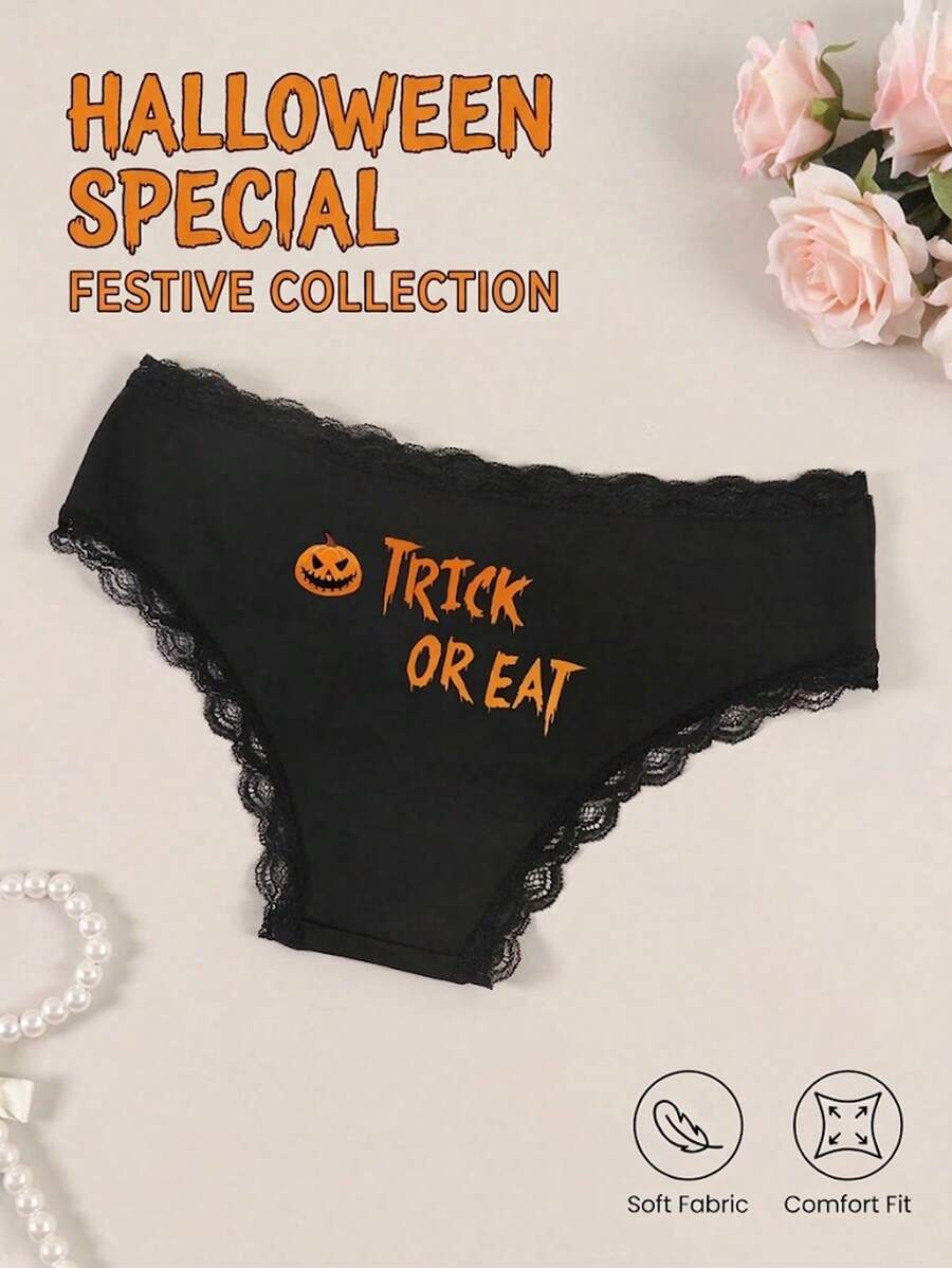 Women's Halloween Black Sexy Lace Trim Letter Print Pattern Comfortable Elastic Breathable Thin Triangle Panties - Black - View 1