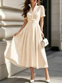 DONICY Women's Beige Polka Dot Lapel Short Sleeve Belted Mid-Length Dress, Elegant For Office And Casual Daily Wear - Apricot - View 6