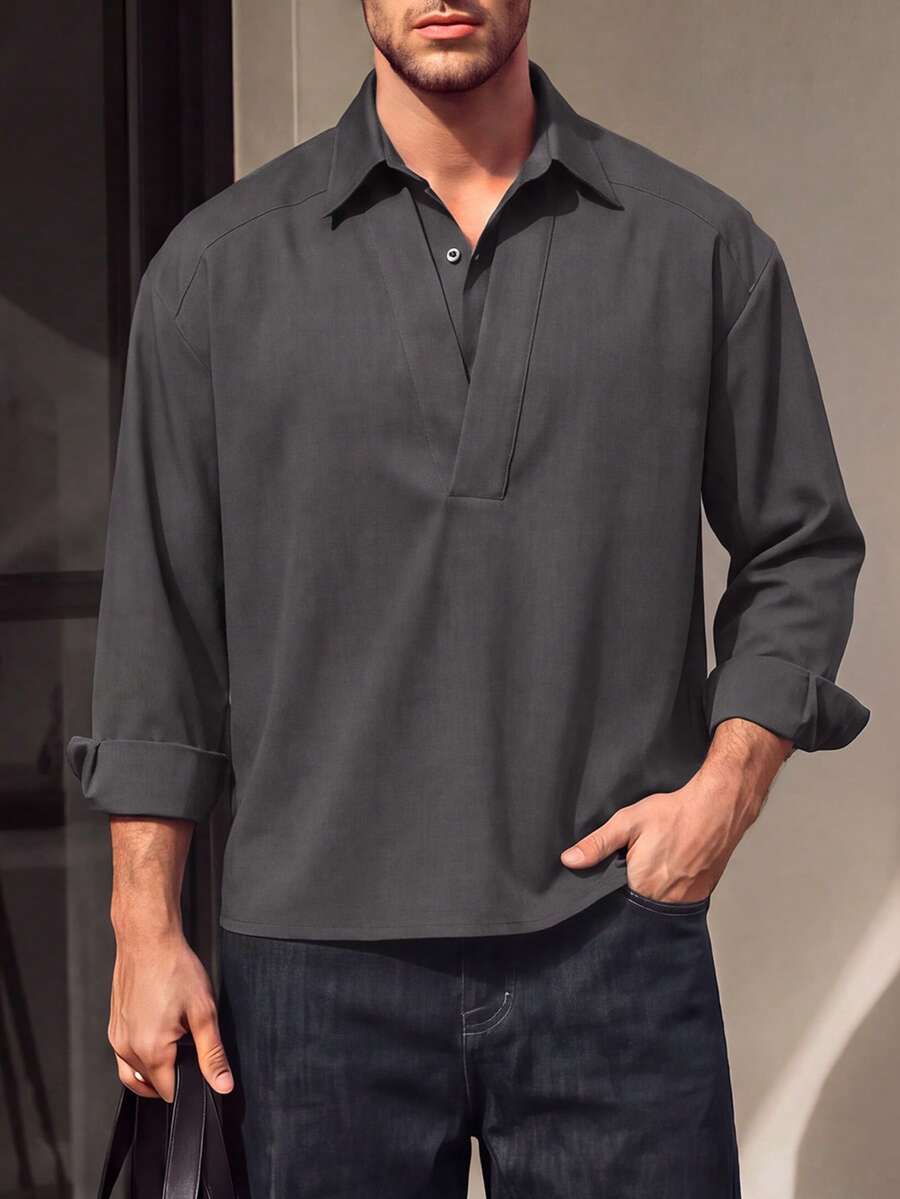 Men Fall Loose Fit Half Button Pullover Shirt, Lapel Collar Long Sleeve Solid Elegant Top For Vacation Business Occasions - Grey - View 1