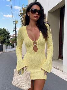 Spring/Summer New V-Neck Knit Long Sleeve Dress, Sexy Vacation Yellow - Yellow - View 2