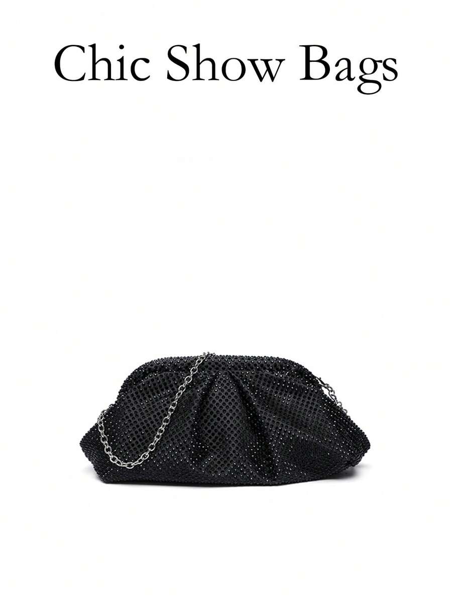 Tas Clutch Malam Wanita Bertabur Berlian Imitasi, Pola Berlian Imitasi Berkilau, Lapisan Kain, Rantai Lipat Berkerut yang Dapat Dilepas, Gaya Glamor Mewah, Pesta Pernikahan - Hitam - View 1