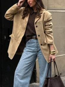 Women's Solid Color Front Button Blazer Jacket, Casual Daily Wear, With Faux Pockets, Suitable For Spring And Autumn - Khaki - View 3