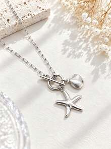 1pc Stainless Steel 18K Gold Plated Ocean Style Hollow Starfish & Scallop Shell Pendant OT Clasp Necklace - Multicolor - View 3
