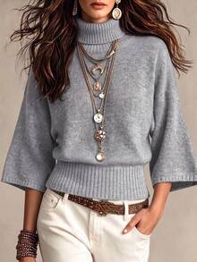 Women's Solid Color Turtleneck 3/4 Sleeve Sweater, Casual Elegant Knit Top, Comfortable For Office Home Daily Wear, Autumn Winter - Grey - View 8