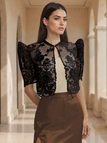 Modern Filipino Style Butterfly Sleeve Women's Spring/Summer Lace Puff Short Sleeve Cropped Cardigan Polo Shirt - Black - View 5