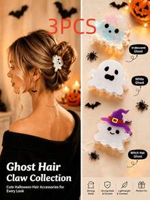 3pcs/1pc Random Halloween Ghost Hair Clips, Cute Holographic Cartoon Ghost Acrylic Hair Clips, Fun Spooky Hair Accessories, Suitable For Women And Girls Halloween Party Costume - Multicolor - View 7