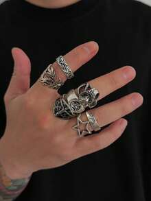 7pcs Vintage Gothic Style Ring Set, Silver Embossed Carved Rings, Punk Streetwear Stackable Finger Rings, European & American Men's Jewelry - Antique Silver - View 7