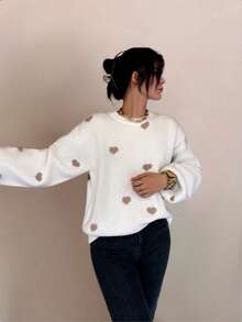 Women's Plus Size Heart Pattern Round Neck Drop Shoulder Long Sleeve Casual Sweater - White - View 3