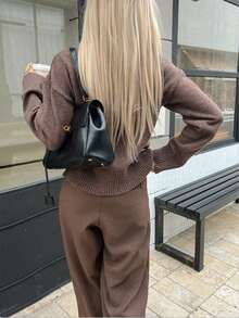 Women's Plus Size Solid Color Dropped Shoulder Long Sleeve Single-Breasted Knit Cardigan - Brown - View 2