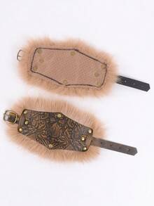1 Pair Viking Vintage Embossed PU Leather Wrist Guards, Unisex Medieval Faux Fur Wrist Decor, Renaissance LARP Cosplay Halloween Costume Accessory - ZSJ - View 4