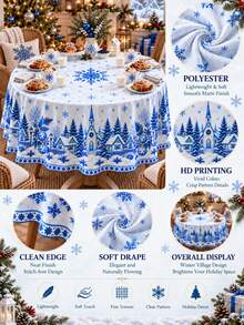 1pc Polyester Christmas Tablecloth, Blue Snowflake Winter Village Christmas Tree House Print Xmas Holiday Table Cover, Festive Dining Table Decor For Christmas Party Kitchen Dining Room Home - Multicolor - View 2