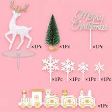 1Pc/8Pcs/Set Christmas Cake Topper Set White Deer Snowflake Merry Christmas Sign Mini Train Christmas Tree Cake Decorations For Xmas Party Birthday Cake Baking Suppli - Multicolor - View 7