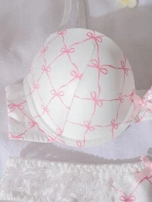 DelicateAllure 2pcs Set Lace Patchwork Bowknot Padded Underwire Bra & Panty , Sweet & Charming, Lift & Support - White - View 3