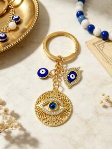 Turkish Blue Evil Eye Keychain Vintage Gold Rhinestone Key Chain Bag Car Pendant Charm Exotic Metal Hanging Ornament Accessory Decoration - Gold - View 1