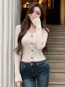 2026 Sexy Style Ribbed Knit Cardigan, V-Neck Cropped Slim Fit Cardigan, Lady Gentle Style Knitwear, Spring/Autumn Daily Date Commute, Elastic Knit Fabric Slimming Cardigan For Women 18-35 Years Old - Apricot - View 2