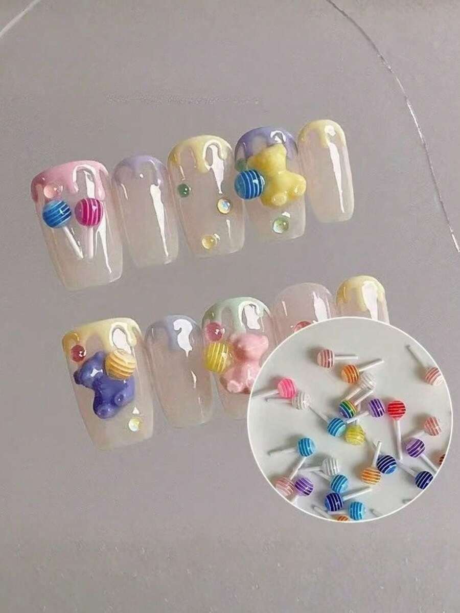 20pcs Christmas Colorful Candy Cute Nail Art Decorations, Realistic Lollipop Nail Charms For Fingernail Manicure Design Decoration, 20pcs Random Mixed Nail Accessories Y2K - Multicolor - View 1