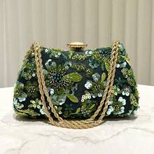 1pc Elegant Glitter Embroidered Beaded Handbag, Metallic Shoulder Chain Clutch Purse, Formal Evening Bag Suitable For Gala, Wedding, Party, Formal Occasions, Women Gift - Dark Green - View 8